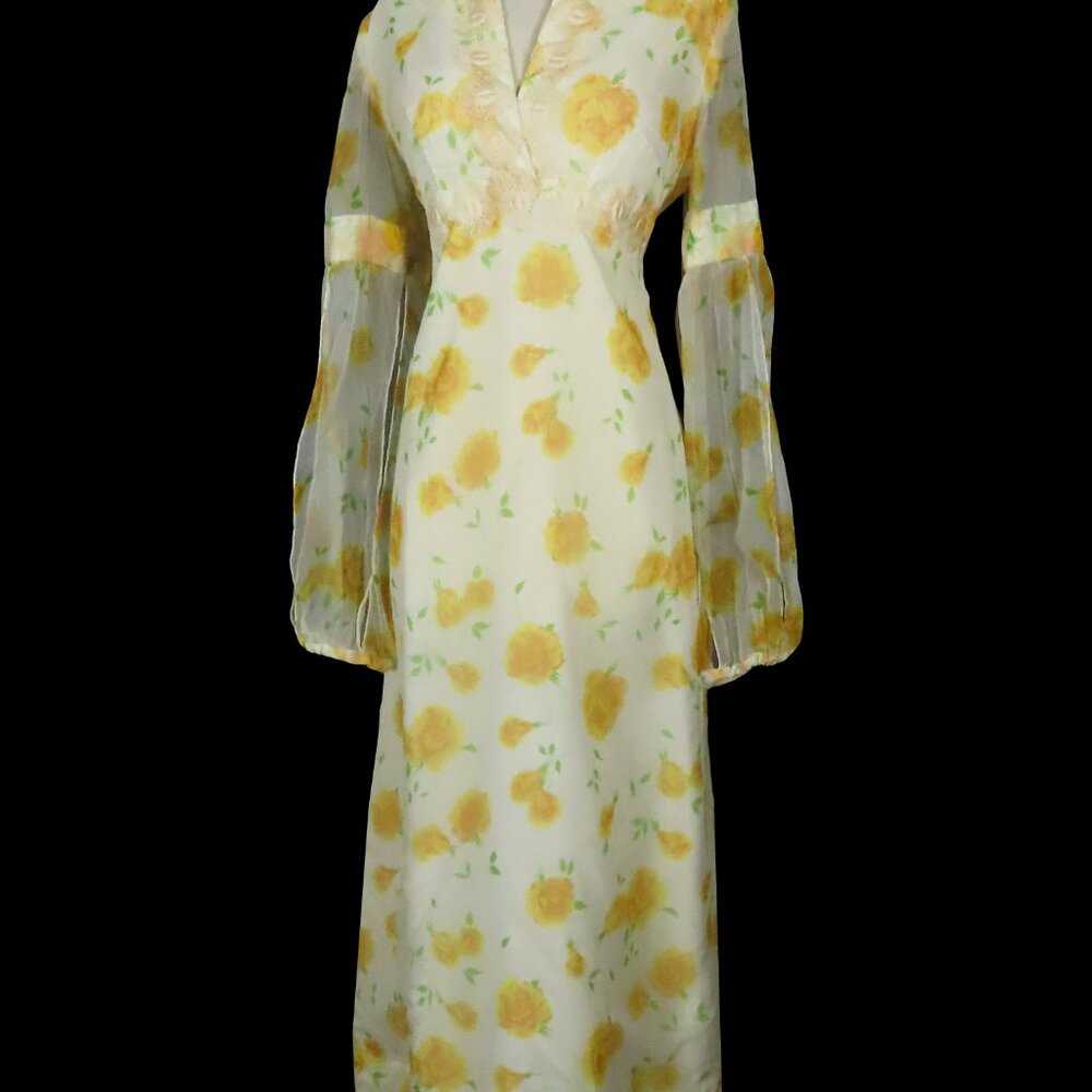 Vintage 70s Yellow Rose Floral Long Split Sleeves Empire Waist Maxi Dress L XL - Picture 4 of 16